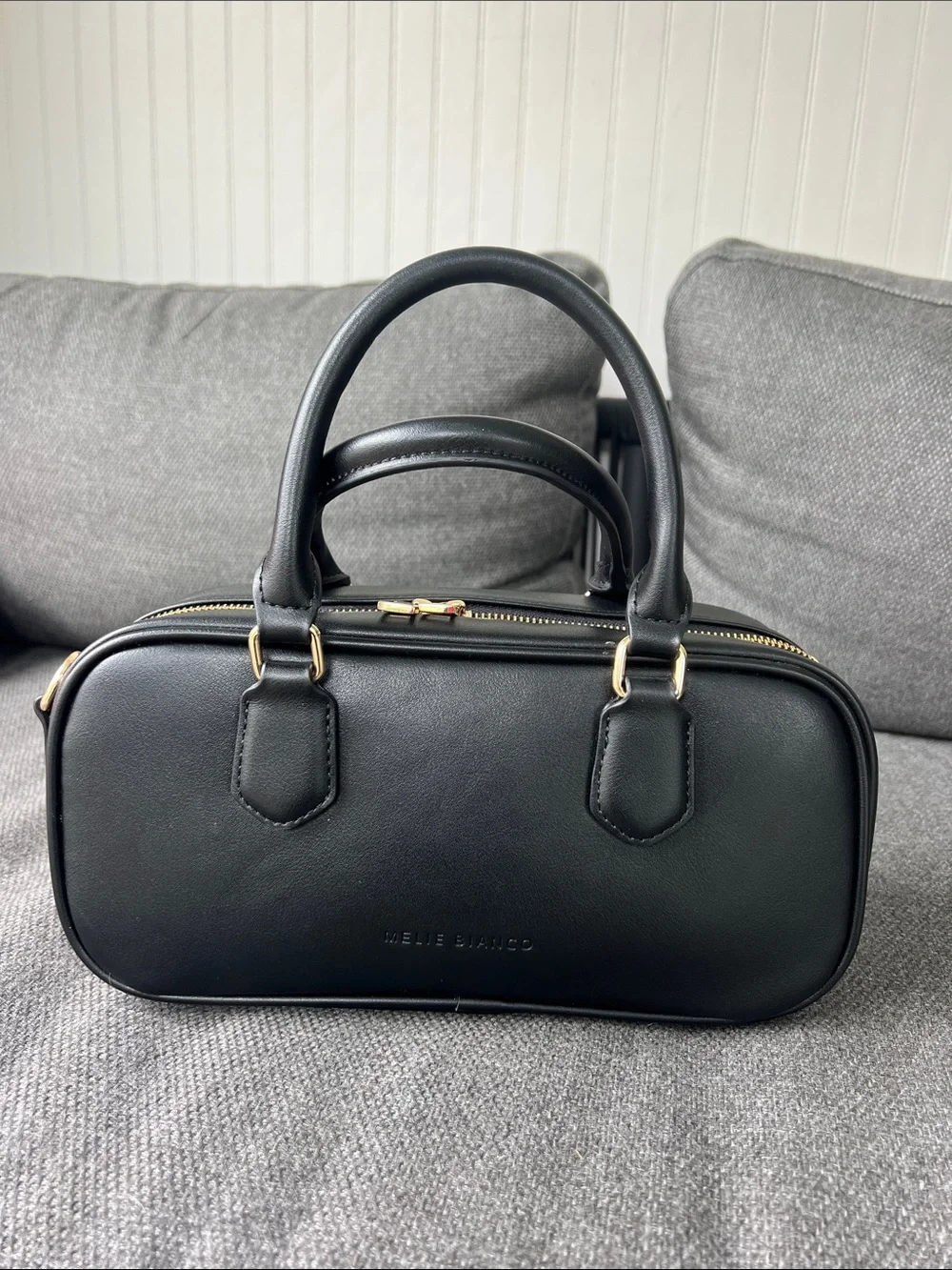 Melie Biiano Black Double-Handle Barrel Satchel with Gold-Tone Hardware